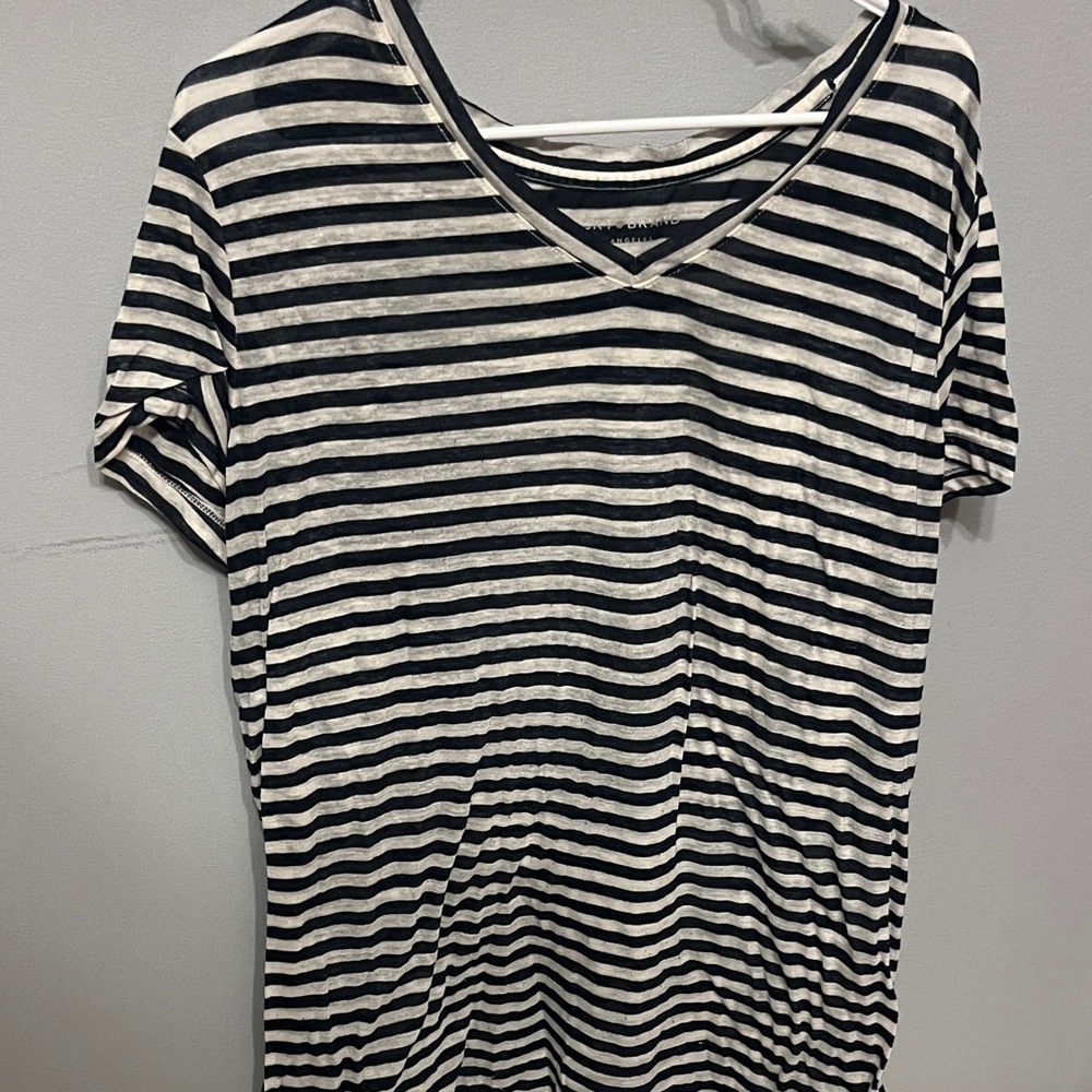 Lucky Brand Navy and White Striped V-Neck Tee